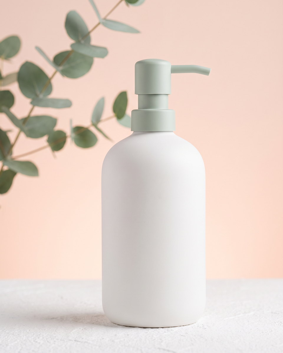 matte white pump bottle for hair and scalp care beside eucalyptus