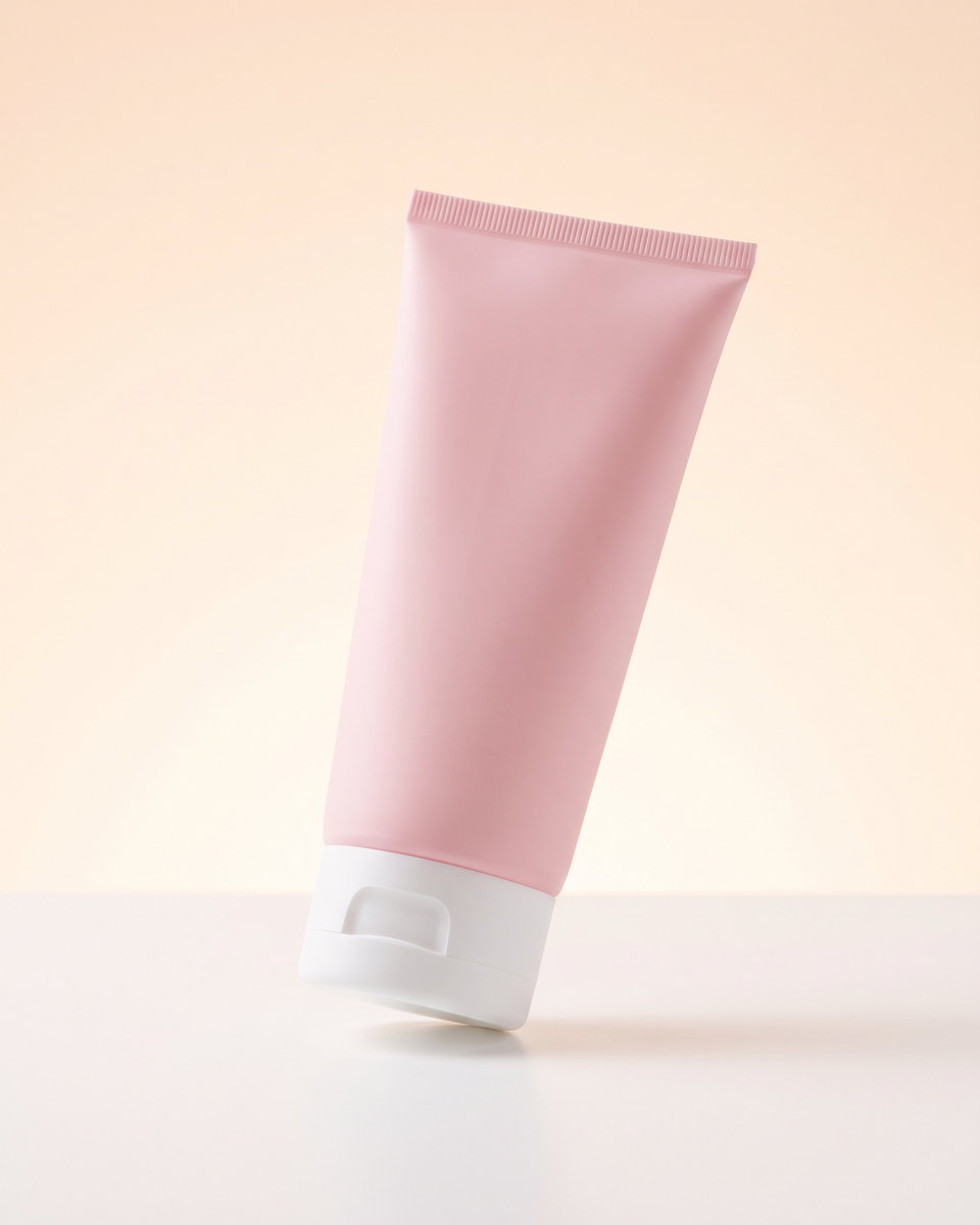 soft pink cosmetic tube with a white flip-top cap