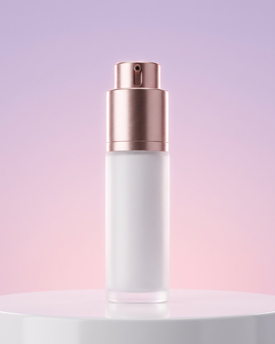 white airless pump bottle with a rose-gold collar on a pedestal