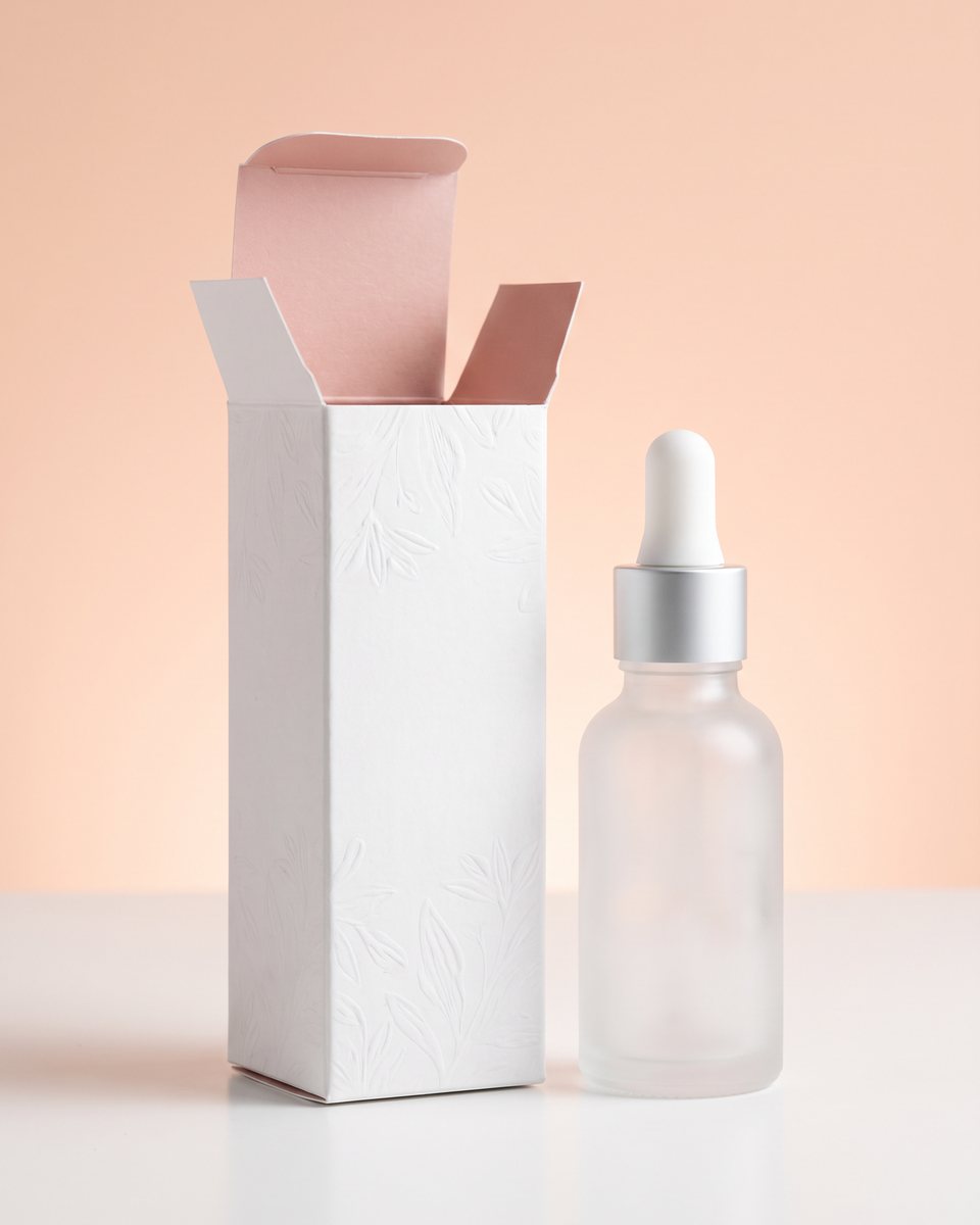 white folding carton beside a glass dropper bottle