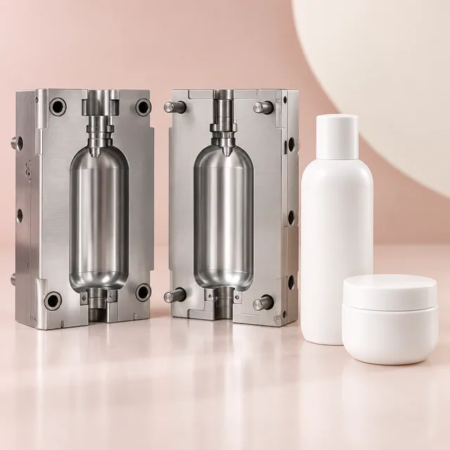 Open steel mould beside a finished bottle and jar